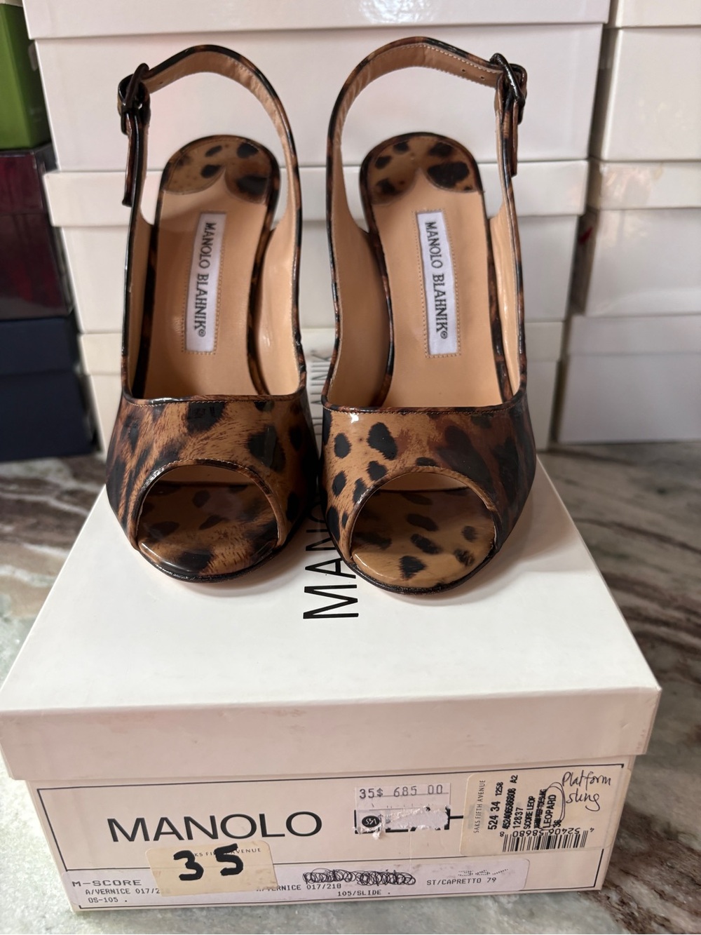 Manolo Blahnik Leopard Print Slingback Peep-Toe Pumps in patent leather